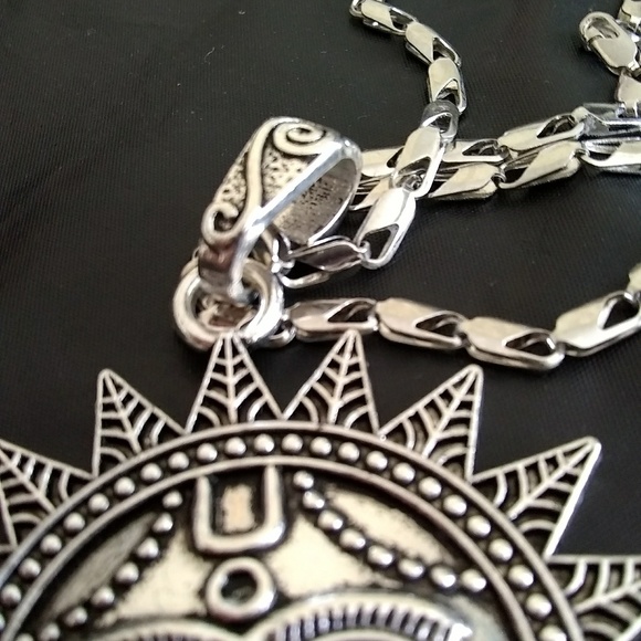 New Big Face Super Ancient Sun Silver Necklace 28" - Picture 4 of 6